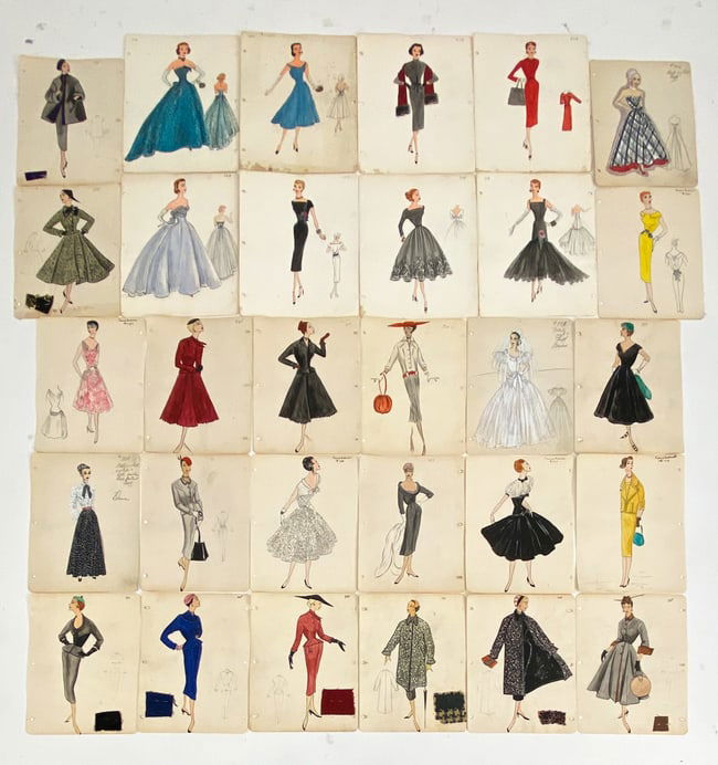 Grouping of fashion illustrations by Pierre Balmain. Some with pieces of fabric pined onto paper.