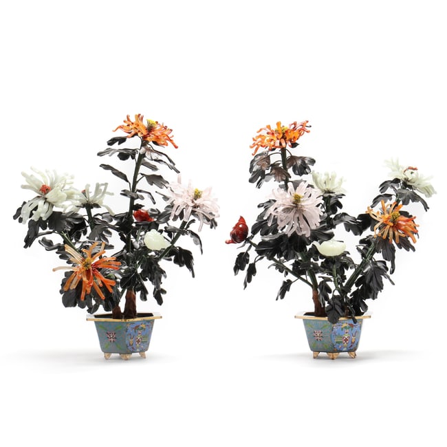 Pair of Chinese Hardstone Trees in Cloisonne Jardinieres