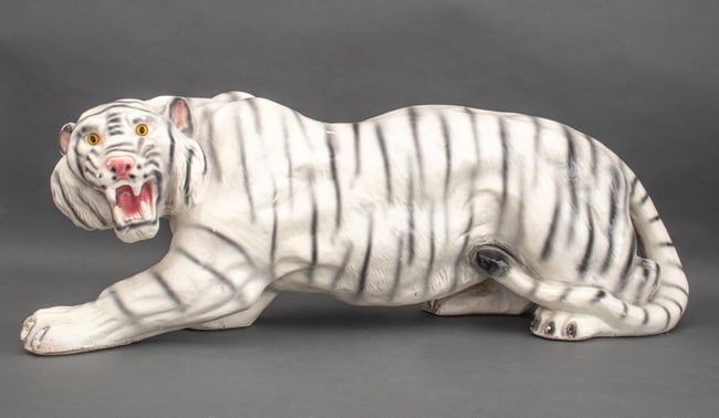 Modern Glazed Ceramic White Tiger Sculpture