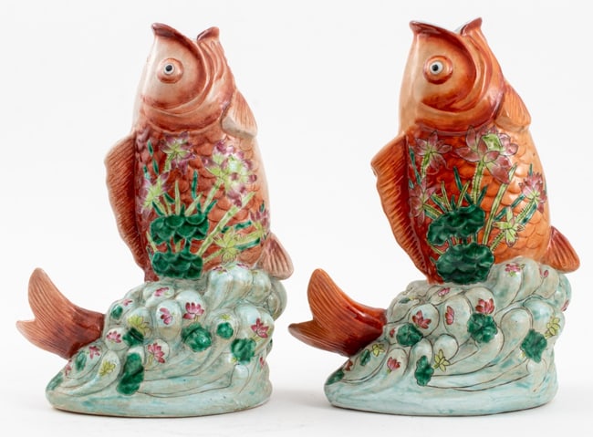 Chinese Export Porcelain Koi Fish Form Vases, Pair