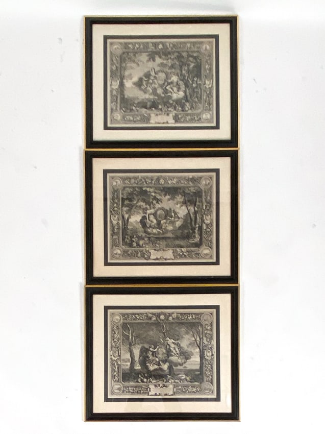 Etchings made after tapestries with scenes depicting 3 of the 4 seasons. Dimensions: (Frame) H