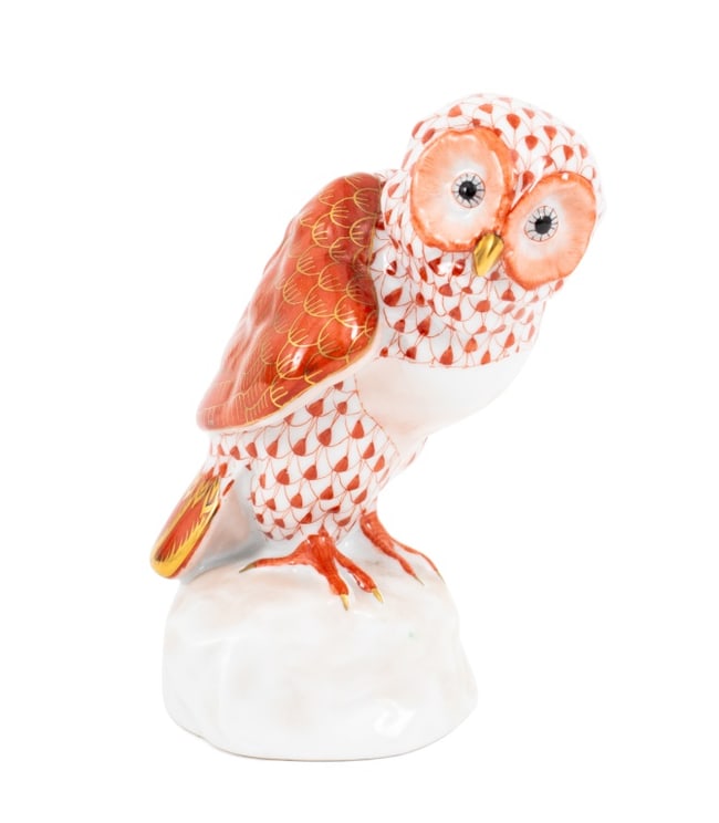 Herend Owl Rust Fishnet Porcelain Sculpture