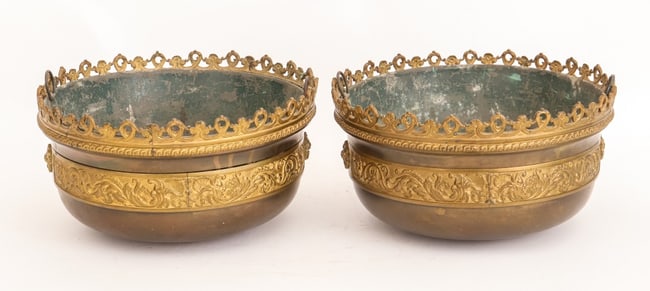 French Belle Epoque Brass Jardinieres, Pair