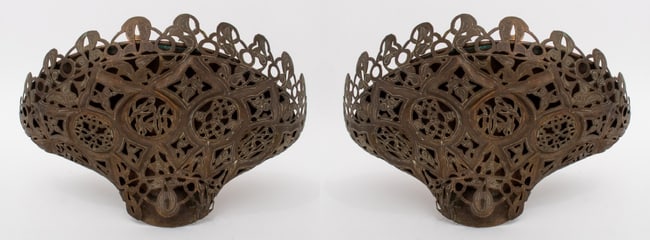 Openwork Brass Wall Hanging Planters, Pair