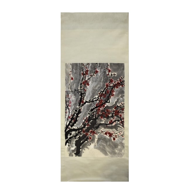 Antique Chinese Scroll Painting of Cherry Blossoms