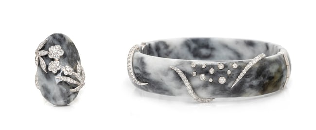 LAURA MUNDER, BLACK AND WHITE JADE AND DIAMOND BRACELET AND RING