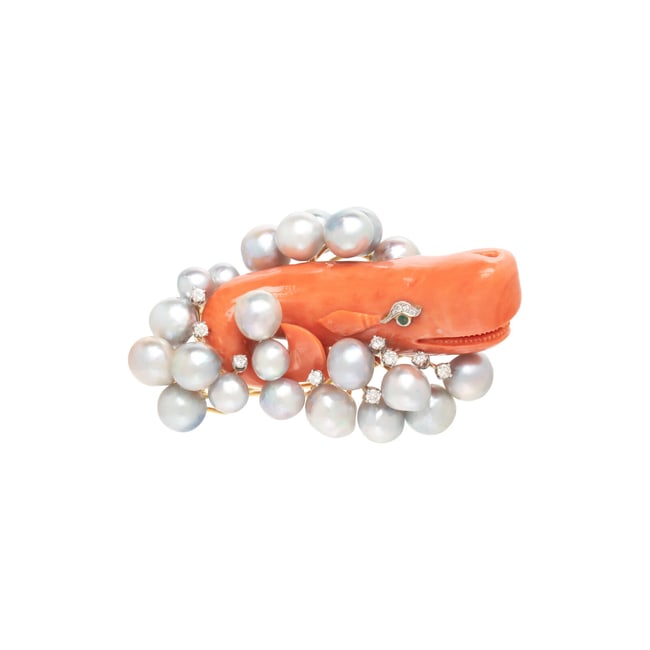 CORAL, CULTURED PEARL, AND DIAMOND WHALE BROOCH