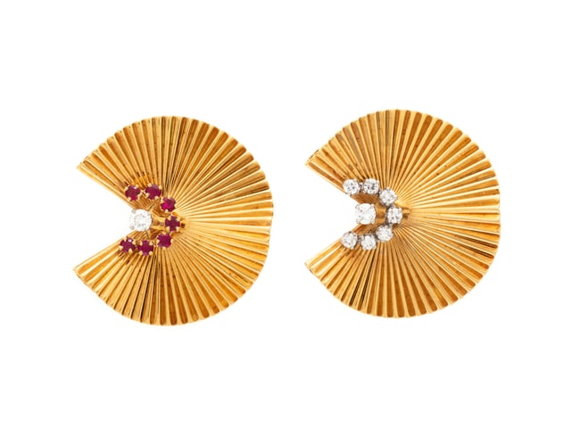 MCTEIGUE FOR TIFFANY & CO., PAIR OF YELLOW GOLD, DIAMOND, AND RUBY FAN BROOCHES