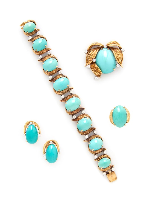 COLLECTION OF YELLOW GOLD, TURQUOISE, AND DIAMOND JEWELRY