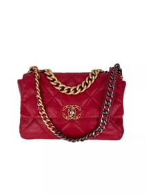 Chanel 19 Large Quilted Goatskin Silver and Gold Red Flap Bag