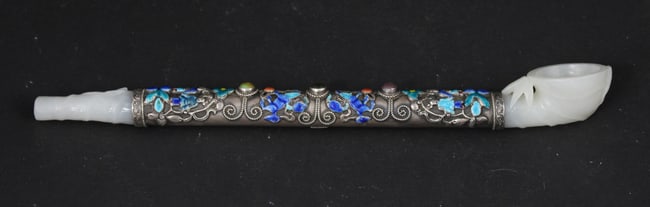 Silver-Inlaid White Jade Opium Pipe