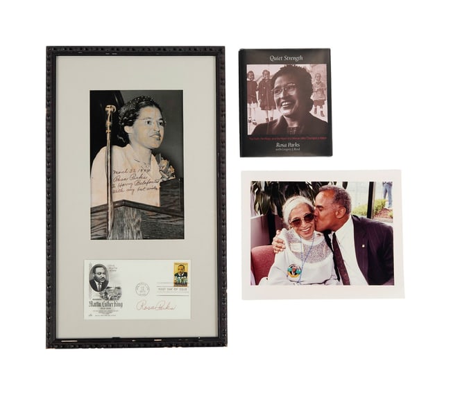 Harry Belafonte | Framed Rosa Parks Signed Photograph and Envelope and Photo of Belafonte and Parks