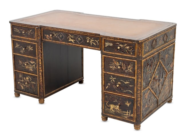 Victorian Black Lacquer Chinoiserie Kneehole Desk