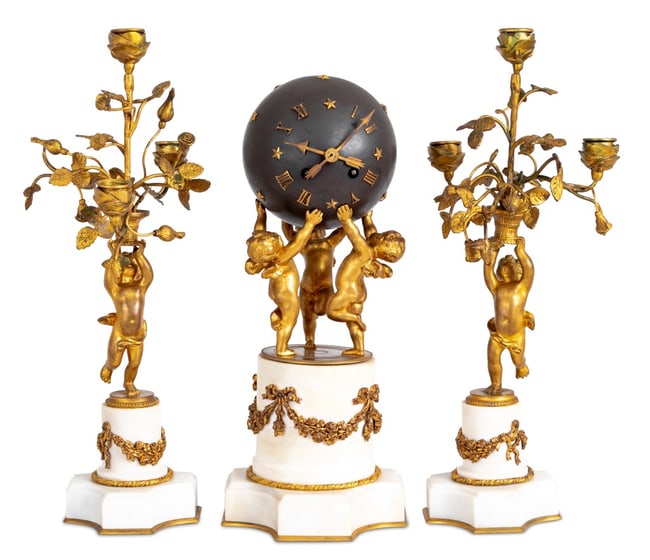 Louis XVI Style Bronze and Marble Clock Set, 3