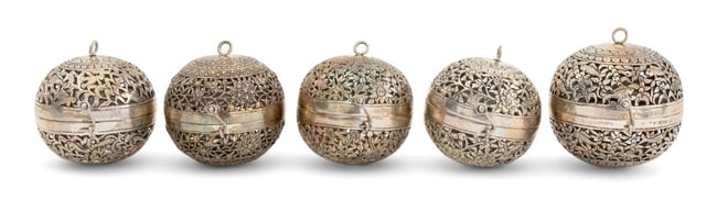 Cambodian 900 Silver Spherical Incense Burners, 5