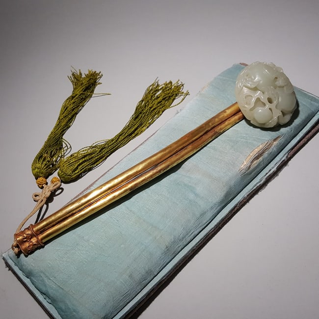 Chinese Silver-Gilded Hetian Jade Ruyi Scepter