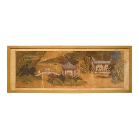 Framed Chinese Garden Scene on Painted Silk 19th Century Chinoiserie
