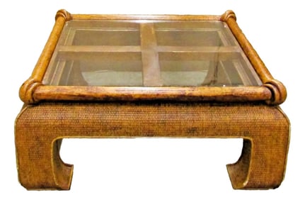 1950s Vintage Large Square Coastal Cane, Rattan and Wood Coffee Table With Glass Top