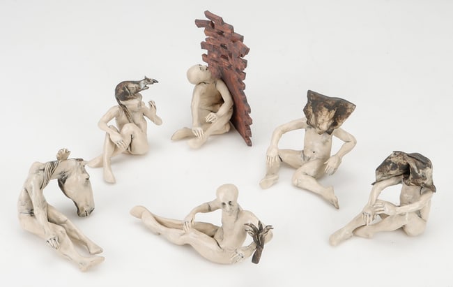 Aggie Zed (South Carolina, b.1952) 6 Bisque Pottery Figures