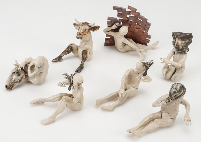 Aggie Zed (South Carolina, b.1952) 7 Bisque Pottery Figures