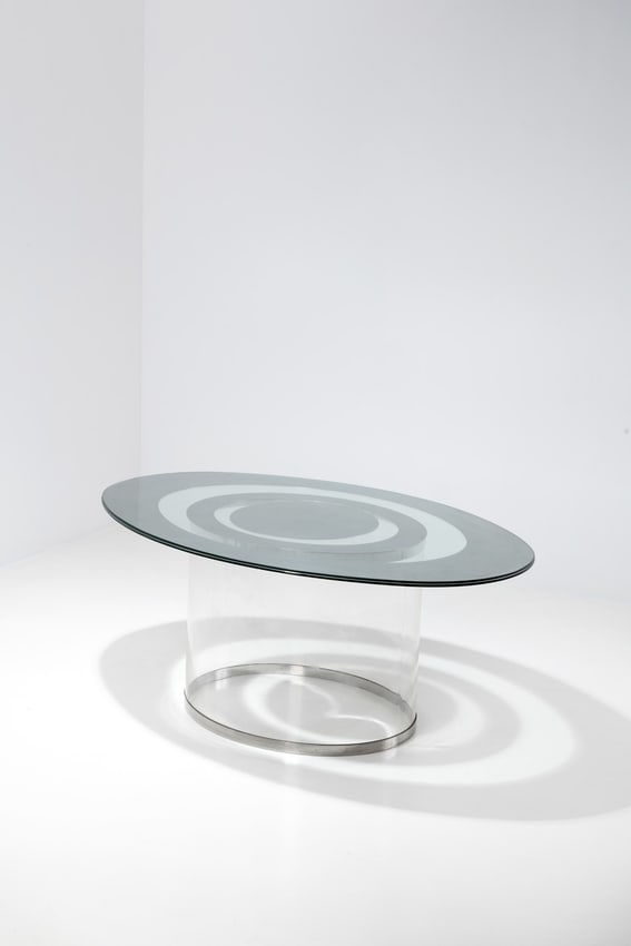 Maria Pergay (1930-2023) Oval dining table known as 'Anneaux' Plexiglas, glass and stainless steel
