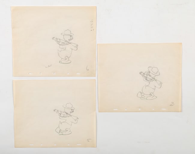 3 Original Donald Duck Animation Production Drawings