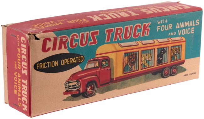 1950s CIRCUS TRUCK W/FOUR ANIMALS & VOICE - NOMURA JAPAN FRICTION TIN LITHO TRUCK IN BOX.