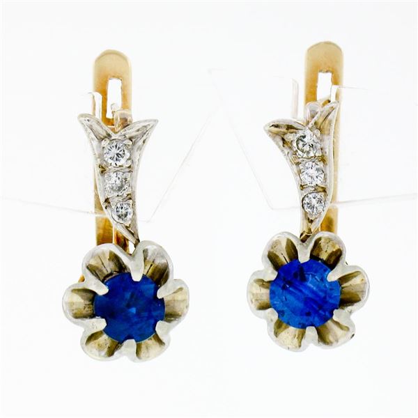 Vintage 14k Two Tone Gold 1.12 ctw Round Sapphire & Diamond Flower Drop Earrings