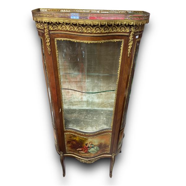 Vintage French Ornate Curved Glass 2 Tier Display Cabinet With Marble Top & Painted Scenes