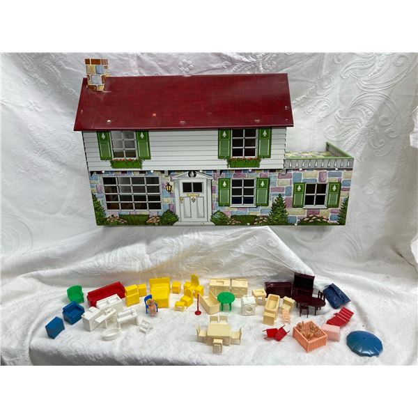 MARX DOLL HOUSE FURNITURE, LARGE LOT, AND METAL DOLL HOUSE