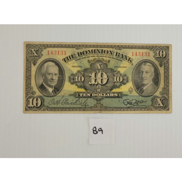 1938 DOMINION BANK CDN $10 BANKNOTE