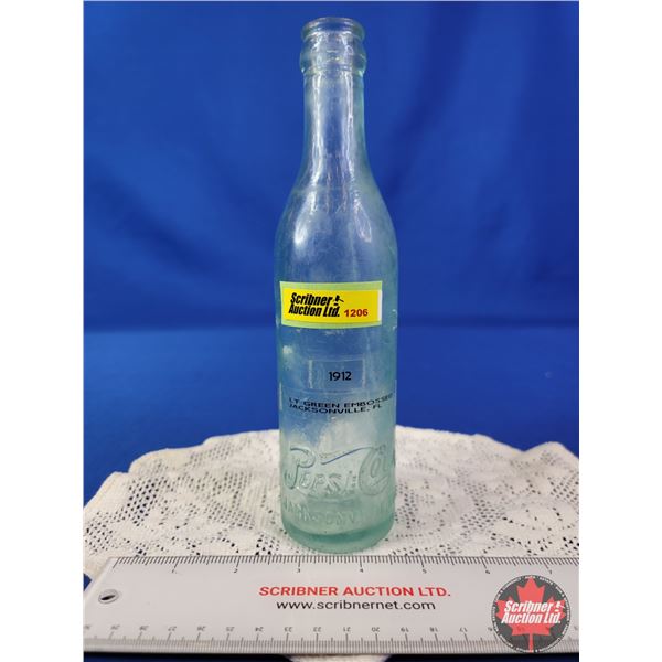 Bottle PEPSI:COLA Light Green Embossed Jacksonville, FL (1912) (Double Dot) (8-3/4