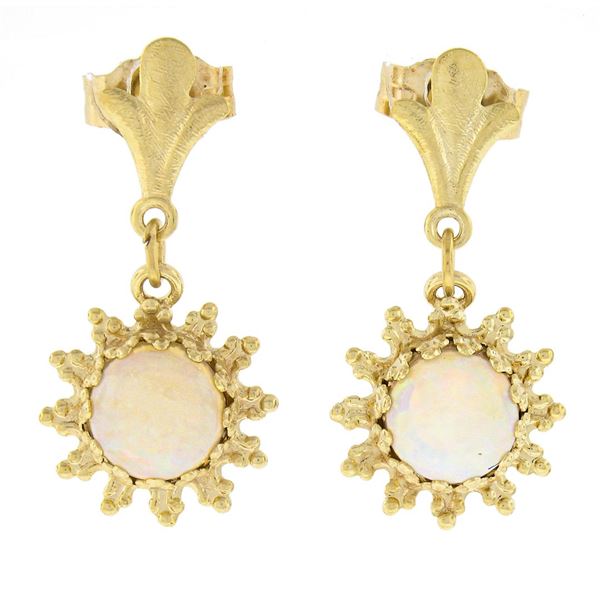 Estate 14k Yellow Gold 6mm Round Cabochon Cut Opal Flower Dangle Drop Earrings