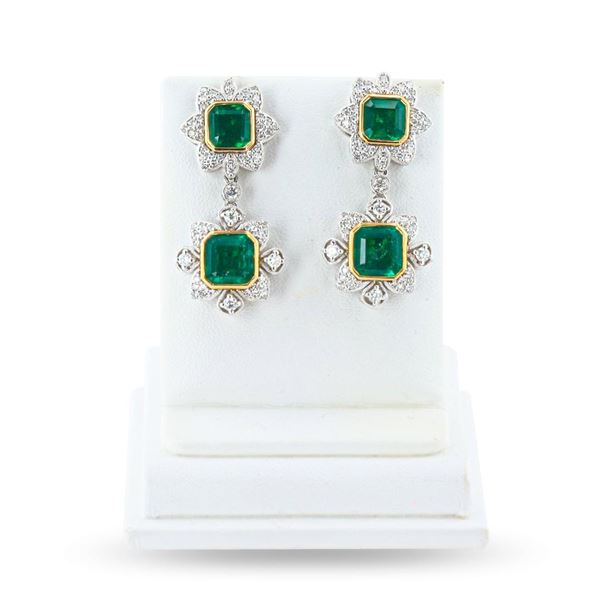 7.37 ctw Emerald and 1.12 ctw Diamond Platinum and 18K Yellow Gold Dangle Earrin