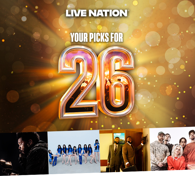 Your picks for '26 artwork with gold lights on top of press shots for The Weeknd, TWICE, Shxtngigs and Linkin Park in a strip