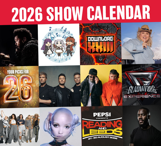 2026 Show Calendar - collage of artist press shots and festival logos
