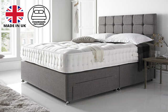 Grey Divan Bed Base & Cube Headboard - 6 Sizes