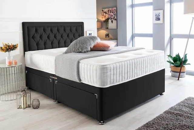 Charcoal Black Suede Divan Bed with Mattress & Drawer Options