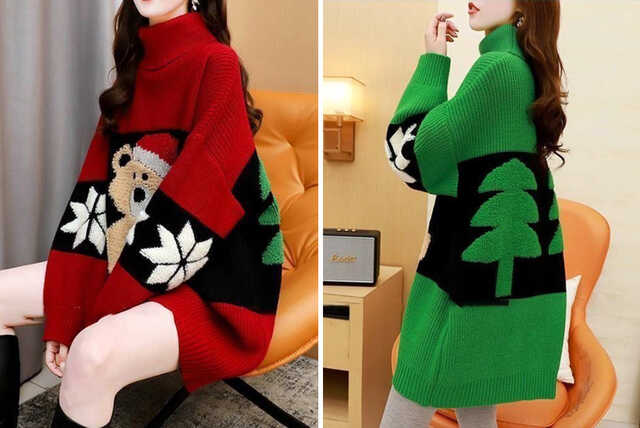 Women's Christmas Themed Turtleneck Jumper – Red or Green!