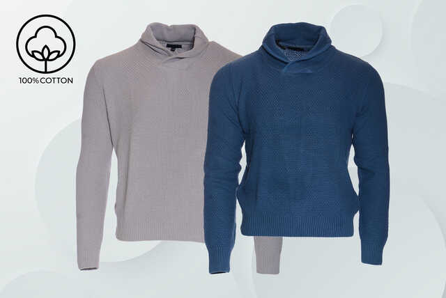 Men's Plain 100% Cotton Knit-Jumper Shawl Neck - 4 Sizes, 2 Colours!