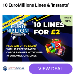 10 syndicated EuroMillions Lottery lines plus 10 instant win games with chances for an up to £7k win from Lotto Social - save 50%