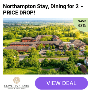 Overnight stay for two at Staverton Park Hotel with breakfast, wine, 2-course dinner or buffet access, early check-in, late check-out, and full leisure access.