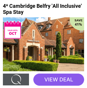 4* Cambridge Belfry Hotel Spa stay in Cambridgeshire for two, with breakfast, afternoon tea or cream tea, dinner, 4-drink vouchers per person and late checkout. Upgrade options available for a 2-night stay or treatments package. Save up to 38%.