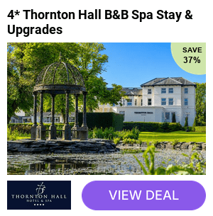 A Wirral overnight getaway for 2 at the 4* Thornton Hall Hotel & Spa with breakfast, cream tea, and optional upgrades for a spa treatment (Japanese Head Spa or Mud Rasul) and dining credits. Save up to 37%!
