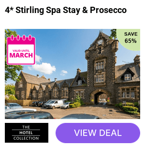 A 4* Stirling stay at Stirling Highland Hotel for two people with welcome glass of Prosecco, two-course dinner, leisure access, breakfast and late checkout. Stay for one or two-nights and save up to 70%