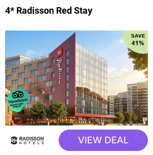 A Glasgow city break at 4* Radisson RED Glasgow in Finnieston for 2 in a standard room with optional hot breakfast & dinner (pizza to share with a drink each) upgrades - Stay overnight and save up to 41%