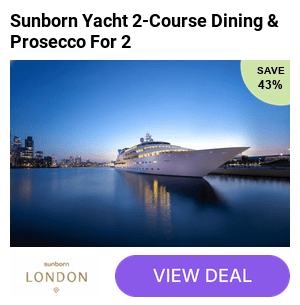 Save 43% at The Sunborn Luxury Yacht Hotel - 2-Course Dining & Prosecco For 2 People! Menu includes Steak, Seabass, Pork Belly and Lobster Tagliatelle - Enjoy stunning Docklands views, perfect for date night out special occasions.