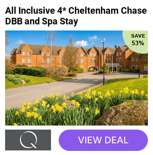 4* Cheltenham Chase Hotel & Spa stay in the Cotswolds for two, with breakfast, afternoon tea or cream tea, dinner, 4-drink vouchers per person and late checkout. Upgrade options available for a 2-night stay or treatments package. Save up to 53%.
