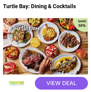 Spice up your next meal with Turtle Bay’s Caribbean dining deal – enjoy two courses, a side and cocktails for two or more – 50% off.