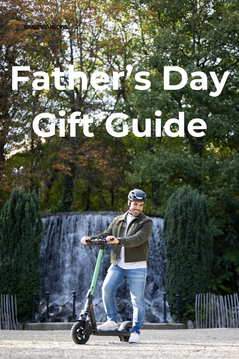 Man on scooter in front of waterfall with text "Father's Day Gift Guide" above him